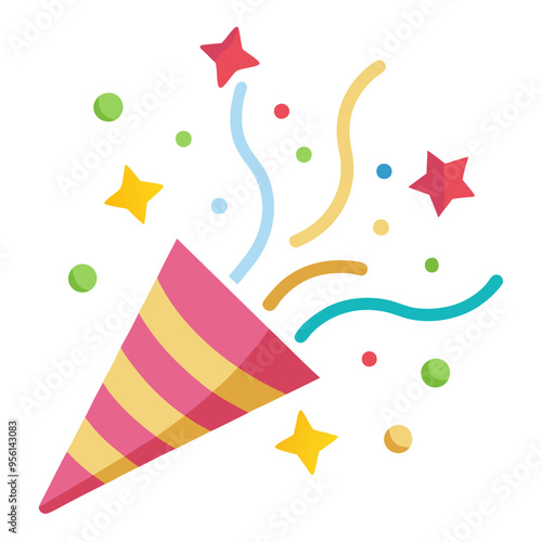 A party popper with vibrant confetti and shiny stars shooting out
