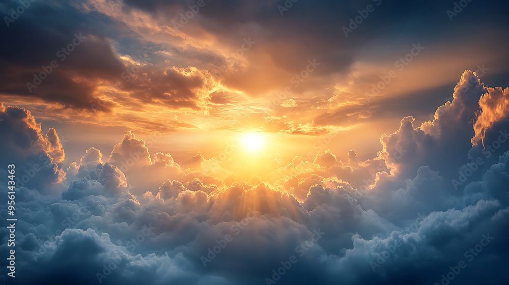 Stunning sky as sun pierces through dense clouds, symbolizing hope. Stunning sky as sun pierces through dense clouds, symbolizing hope.