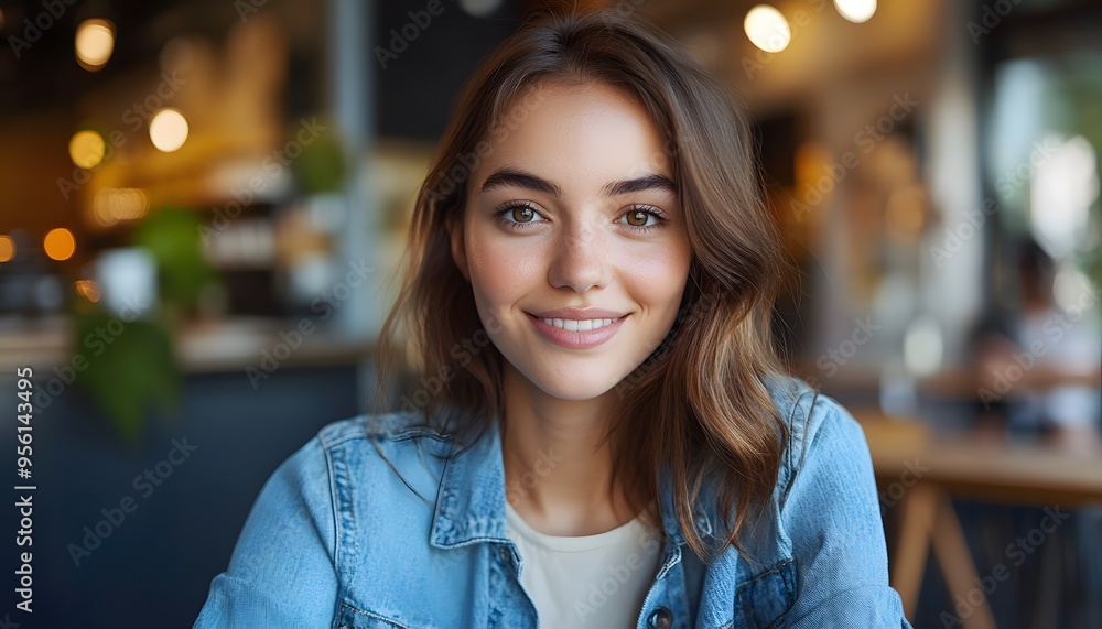 Portrait of a Smiling Woman in a Denim Jacket Portrait of a Smiling Woman in a Denim Jacket