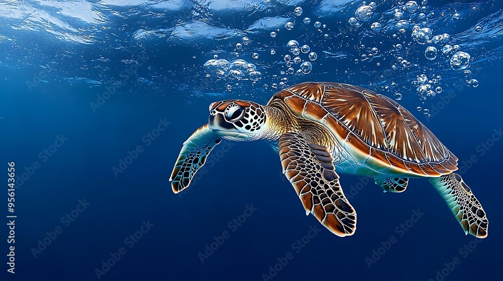 Fototapeta premium Playful Baby Sea Turtles in Bubbling Underwater Wonderland