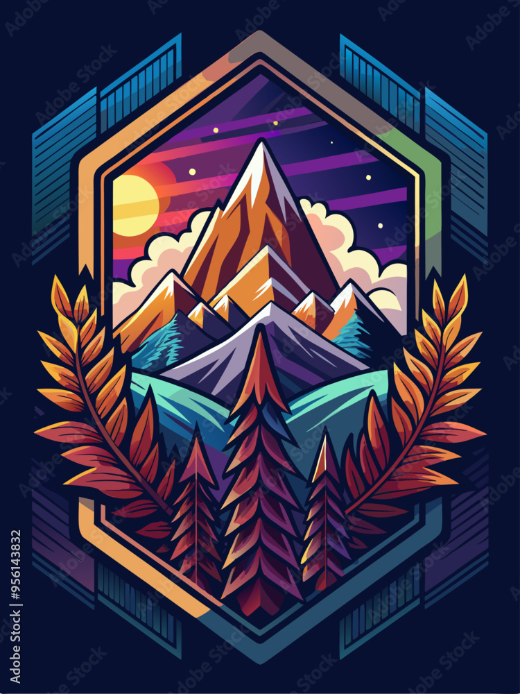 A Colorful Mountain Scene with Trees and a Sunset Sky A Colorful Mountain Scene with Trees and a Sunset Sky
