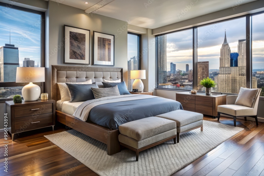 In this soaring New York City apartment, a chic bedroom shines with a modern furniture set, its sleek In this soaring New York City apartment, a chic bedroom shines with a modern furniture set, its sleek