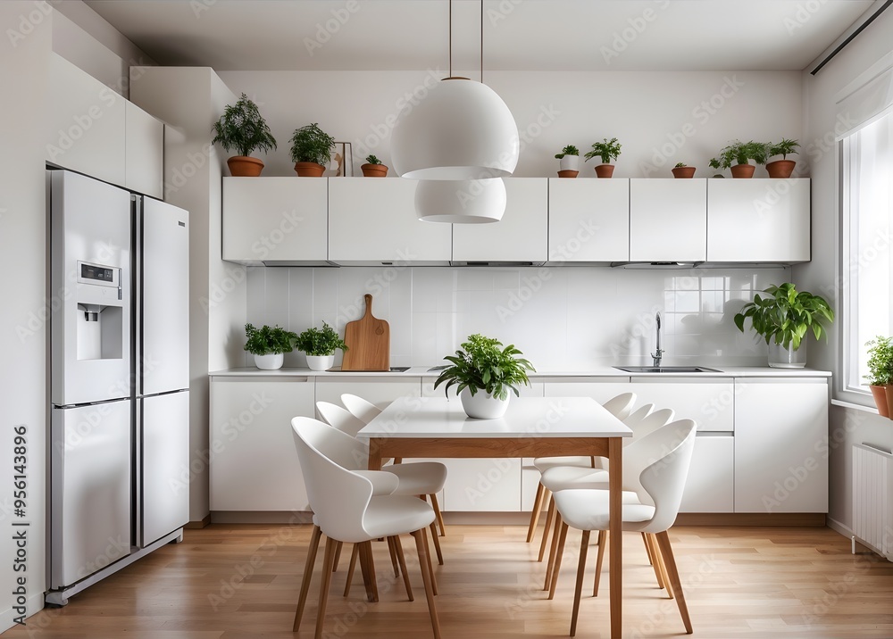 Spacious, open space kitchen interior with white cupboards and a dining area with a wooden table and plastic chairs. Real photo
Spacious, open space kitchen interior with white cupboards and a dining area with a wooden table and plastic chairs. Real photo