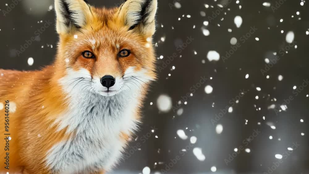 Red fox stands alert in snowy forest. Snowflakes swirl around its fur. Piercing blue eyes gaze directly at camera. Serene winter atmosphere with soft bokeh background. Red fox stands alert in snowy forest. Snowflakes swirl around its fur. Piercing blue eyes gaze directly at camera. Serene winter atmosphere with soft bokeh background.