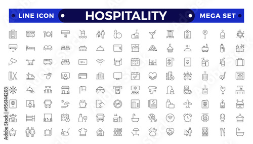 Set of outline icons related to the hospitality industry. Travel set. Summer vacations and holiday symbol vector illustration. traveling tourism elements.