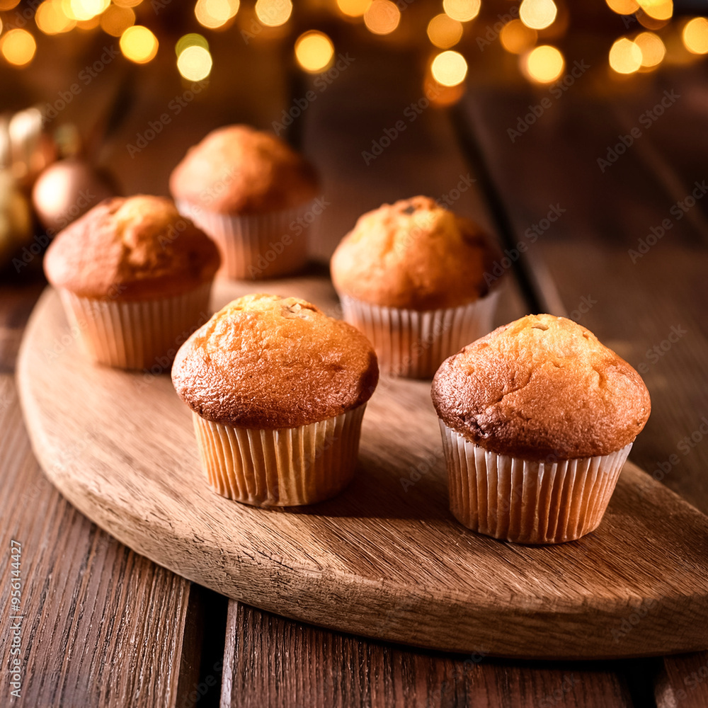 Muffins: Fluffy muffins presented on a wooden board, with a cozy bakery background Muffins: Fluffy muffins presented on a wooden board, with a cozy bakery background