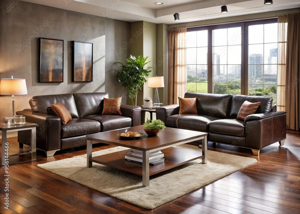 Leather sofas and armchairs dominate the modern living space, complemented by a sleek coffee table and pendant lights, Leather sofas and armchairs dominate the modern living space, complemented by a sleek coffee table and pendant lights,