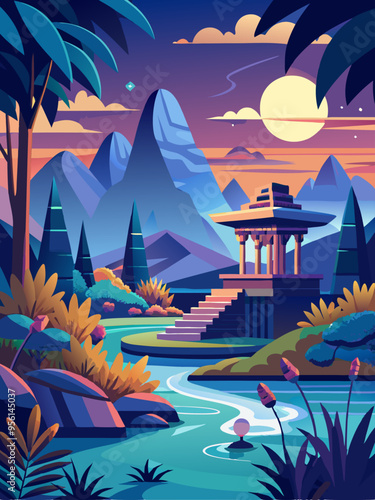 A Serene Pagoda Situated Amidst Lush Greenery and Mountainous Terrain