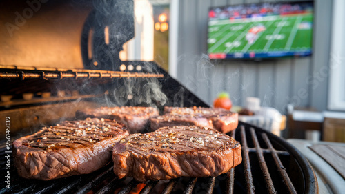 Grilling steaks on a barbecue grill outdoors with a TV showing a football game in the background, perfect for a backyard party.