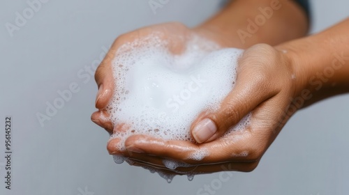 A closeup of hands lathering with soap, following proper handwashing techniques, with bubbles forming on the skin photo