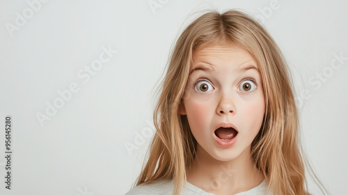 A girl looking surprised, her eyes wide with wonder, against a simple, light background that allows for a clear space for a headline