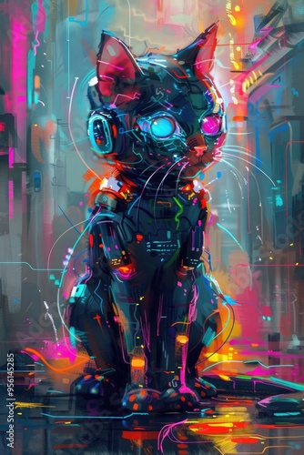 Cyberpunk Cat in Neon Cityscape