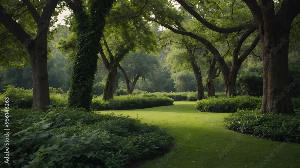 Naklejka premium Green park landscape with bushes and trees, cut out 