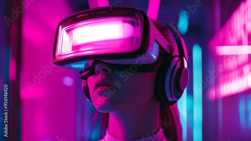 young woman wearing a sleek, futuristic VR headset with a reflective visor, illuminated by vibrant neon lights in a cyberpunk setting. The scene is filled with vivid pink, purple, and blue hues 