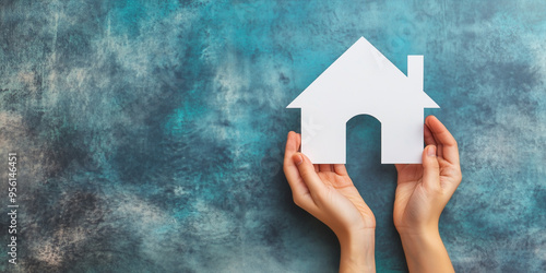 Hands Holding a Small Cardboard House Symbolizing Home Ownership and Security.  A close-up image of hands carefully holding a small cardboard house, representing the concept of home ownership, securit photo