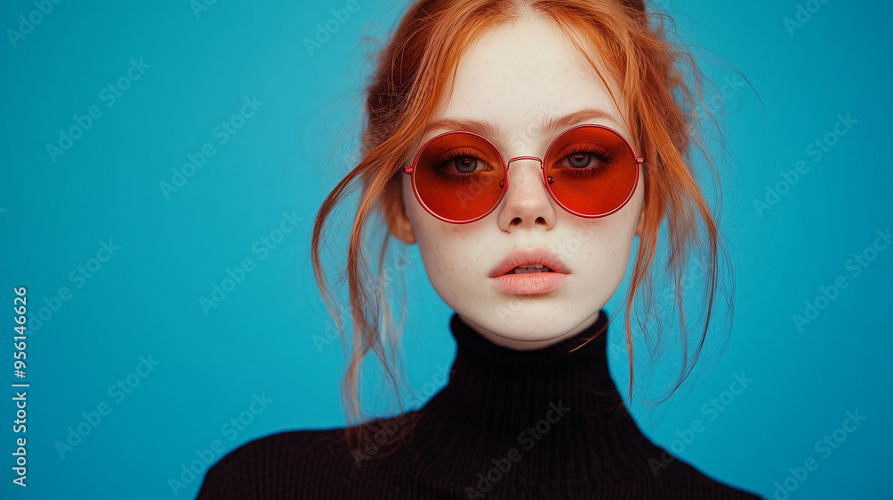 Close-Up Portrait of a Woman with Red Hair and Sunglasses. A striking close-up portrait of a young woman with vibrant red hair, wearing round red sunglasses Close-Up Portrait of a Woman with Red Hair and Sunglasses. A striking close-up portrait of a young woman with vibrant red hair, wearing round red sunglasses