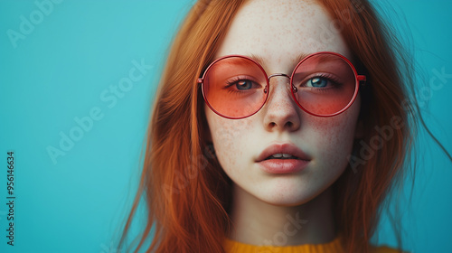 Wallpaper Mural  Close-Up Portrait of a Woman with Red Hair and Sunglasses. A striking close-up portrait of a young woman with vibrant red hair, wearing round red sunglasses Torontodigital.ca