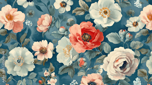 Elegant Floral Pattern with Detailed Peony and Rose Blooms. A highly detailed floral pattern featuring a variety of peony and rose blooms in rich shades of red, pink, and white, set against a dark 