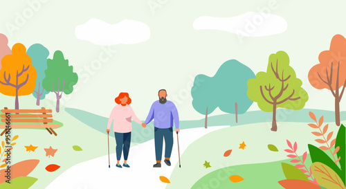 Vector illustration of an elderly couple walking in a park