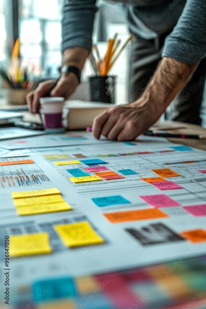 Business plan brainstorming session with sticky notes and sketches on a whiteboard. Business plan brainstorming session with sticky notes and sketches on a whiteboard.