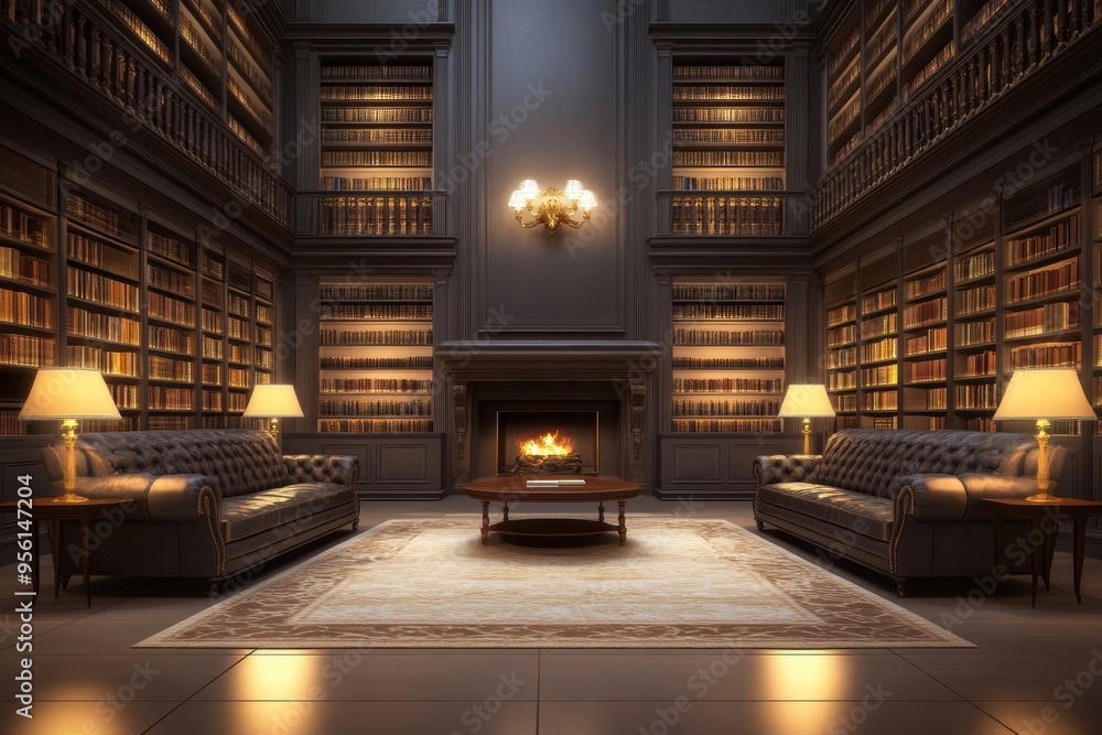 A lavish palace library featuring floor-to-ceiling bookshelves, antique furniture A lavish palace library featuring floor-to-ceiling bookshelves, antique furniture