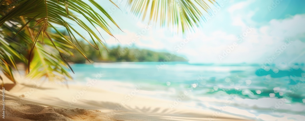 Fototapeta premium Tranquil clear beach with palm trees and calming waves.