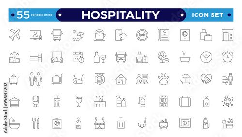 Set of outline icons related to the hospitality industry. Travel set. Summer vacations and holiday symbol vector illustration. traveling tourism elements.  Editable stroke outline icon. 