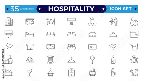 Set of outline icons related to the hospitality industry. Travel set. Summer vacations and holiday symbol vector illustration. traveling tourism elements.  Editable stroke outline icon. 