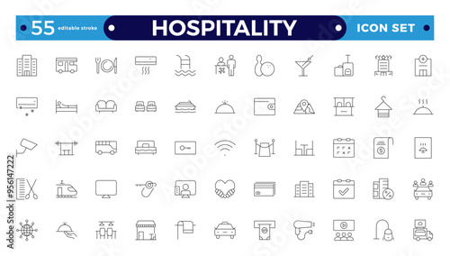 Set of outline icons related to the hospitality industry. Travel set. Summer vacations and holiday symbol vector illustration. traveling tourism elements.  Editable stroke outline icon. 