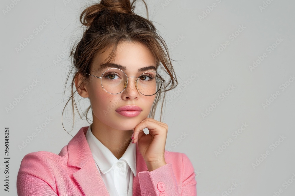 A woman in a pink jacket and white shirt is wearing glasses A woman in a pink jacket and white shirt is wearing glasses