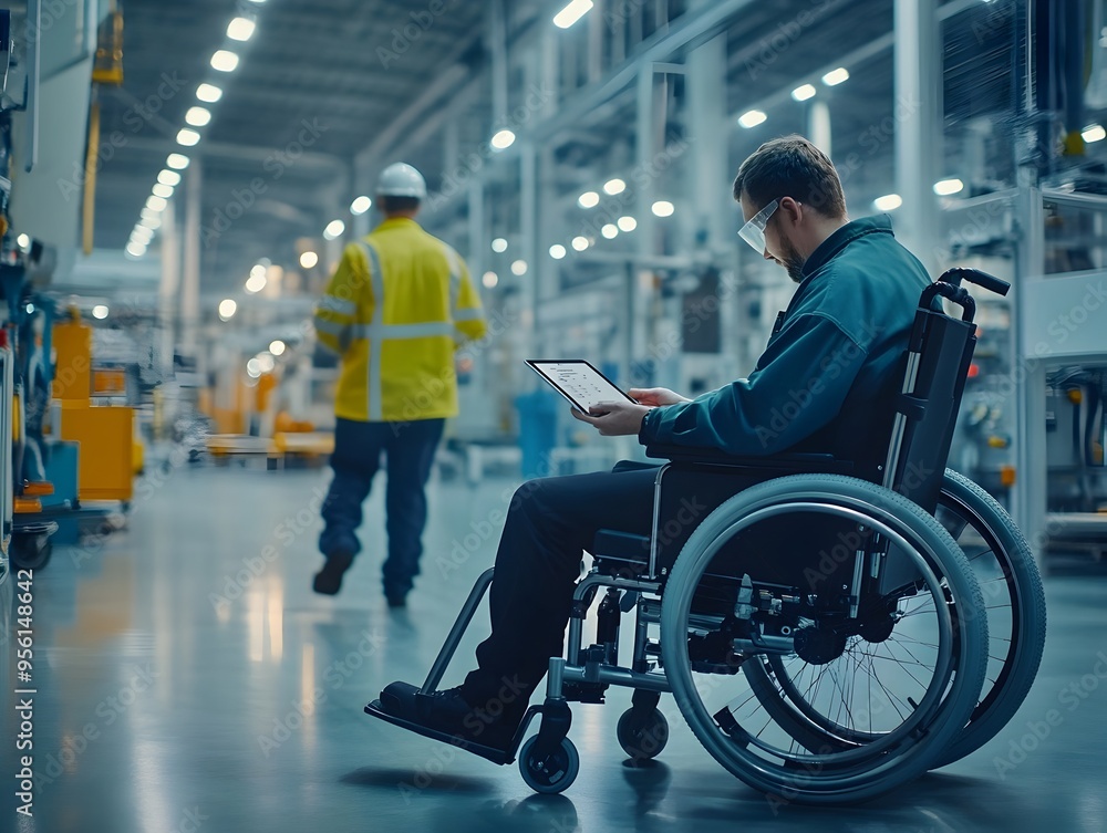 Worker in Wheelchair Using Tablet to Manage Processes in Modern Industrial Facility Worker in Wheelchair Using Tablet to Manage Processes in Modern Industrial Facility