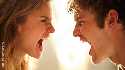 A man and a woman are screaming at each other. Family quarrel, confrontation between a man and a woman