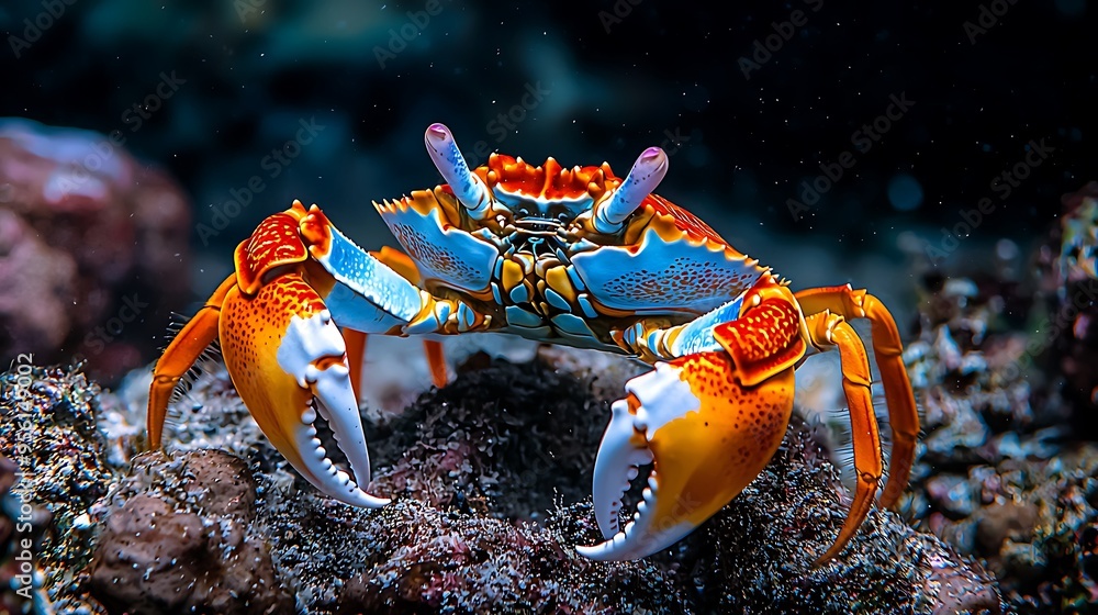 Vibrant Underwater Encounter: Close-up of Colorful Crab with Intricate Patterns in Ocean Habitat - Copy Space for Text Vibrant Underwater Encounter: Close-up of Colorful Crab with Intricate Patterns in Ocean Habitat - Copy Space for Text