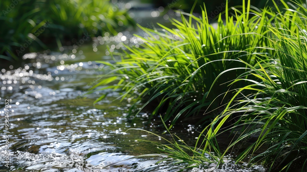 Green grass blades growing over a flowing stream of water. Green grass blades growing over a flowing stream of water.