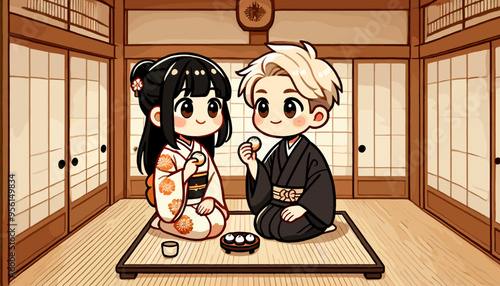 Concept of an image of a foreign tourist experiencing a tea ceremony. Vector illustration.