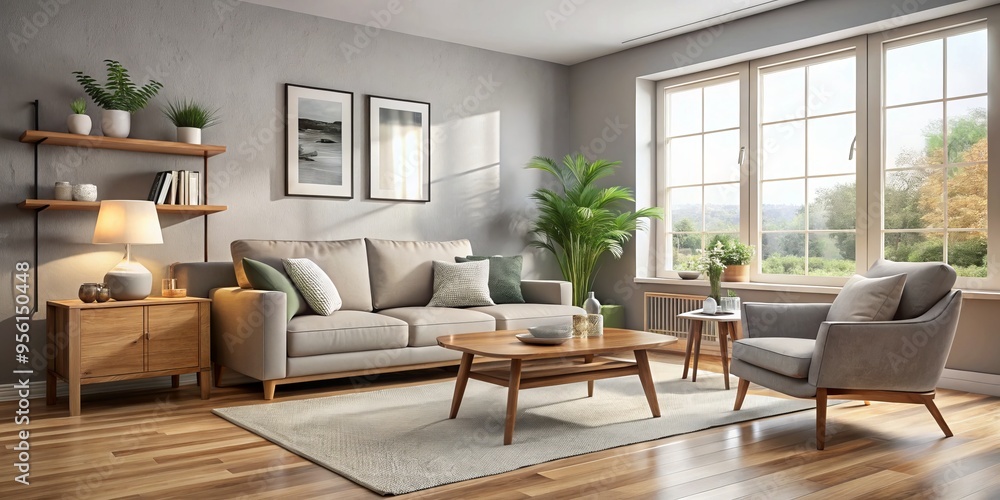 Soft beige sofa, sleek wooden console table, and stylish gray armchair create a warm and inviting atmosphere in Soft beige sofa, sleek wooden console table, and stylish gray armchair create a warm and inviting atmosphere in