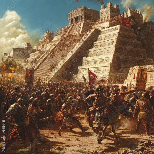 A depiction of the Spanish conquest of the Aztec empire, with Spanish conquistadors on horseback charging towards the Aztec capital of Tenochtitlan. photo