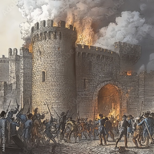 A depiction of the storming of the Bastille, a historic event in the French Revolution.