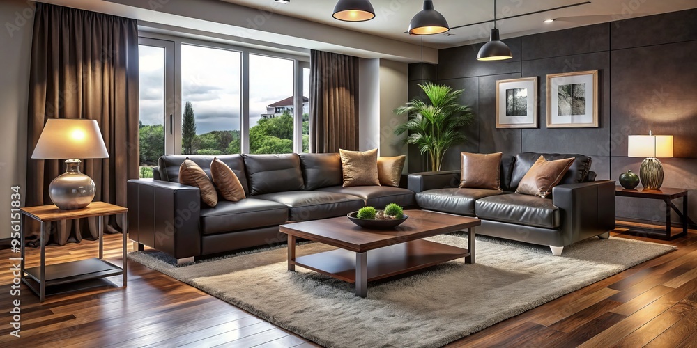 Soft gray sofas and rich wood coffee tables dominate the room, while a plush dark brown carpet envelops Soft gray sofas and rich wood coffee tables dominate the room, while a plush dark brown carpet envelops