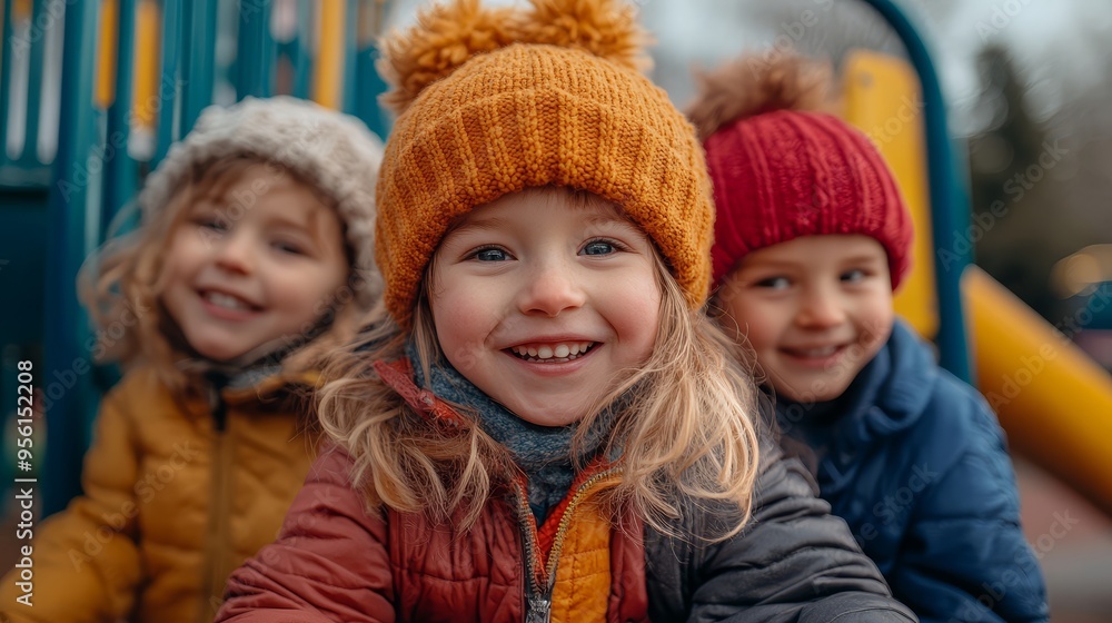 Happy Children Smiling in Winter Clothing on Playground Happy Children Smiling in Winter Clothing on Playground
