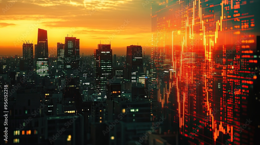 Digital display showing falling interest rates with a cityscape in the background, economic outlook. Digital display showing falling interest rates with a cityscape in the background, economic outlook.