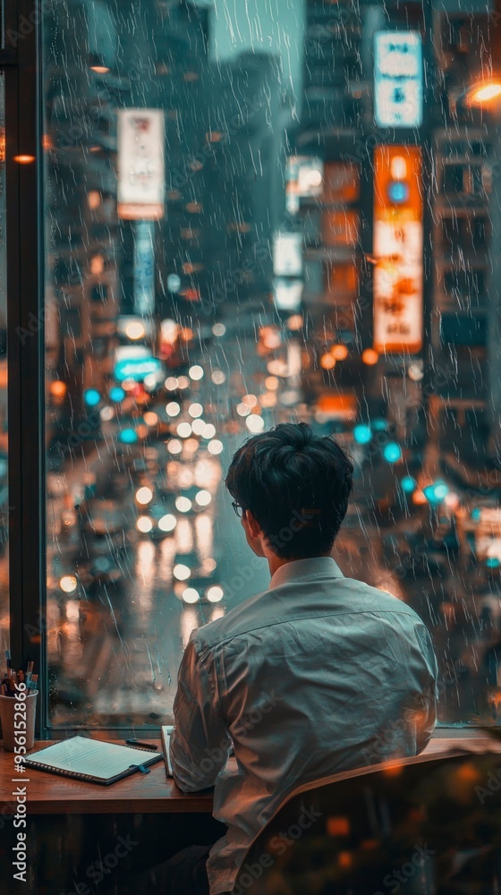 Man Looking Out Window at Rainy Cityscape Man Looking Out Window at Rainy Cityscape