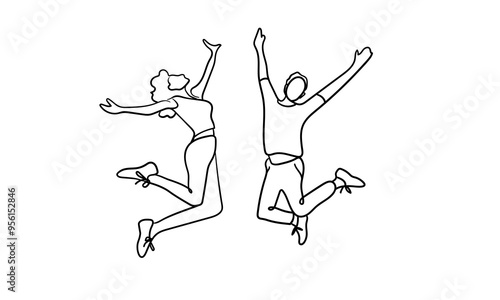 Two people jumping continuous line art drawing isolated on white background. Joy, victory, success. Vector illustration
