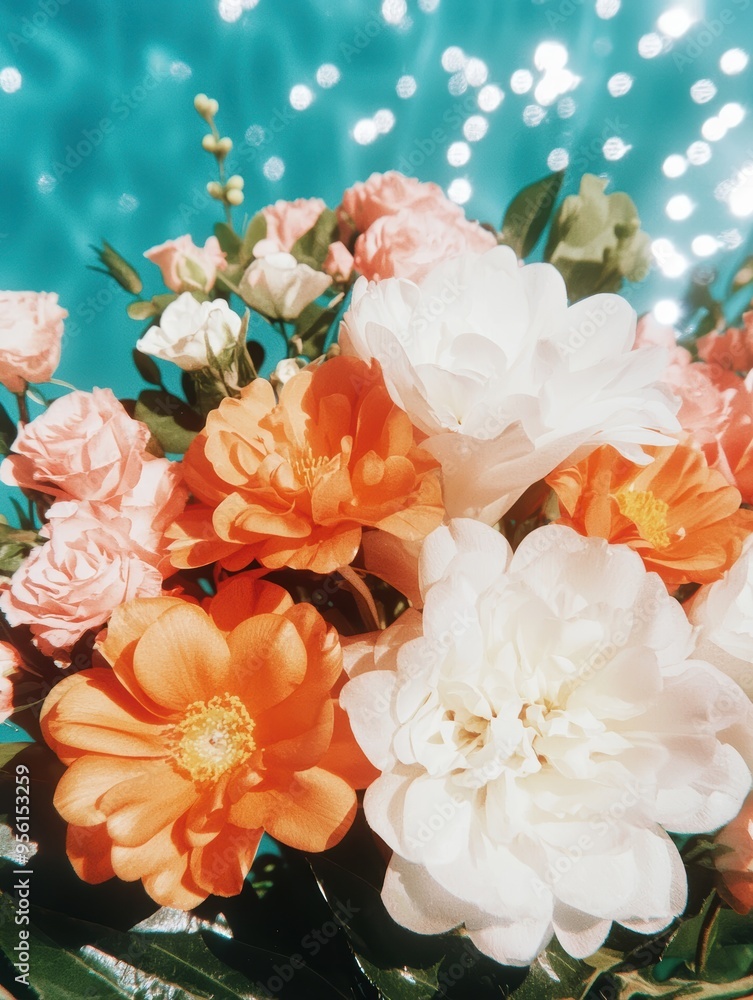 Vibrant floral bouquet with peach and white flowers Vibrant floral bouquet with peach and white flowers