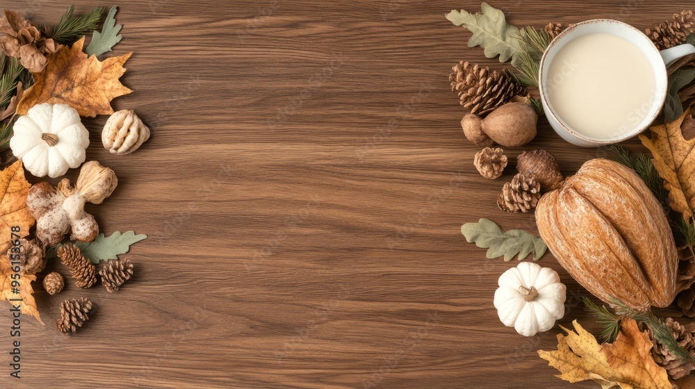 A serene autumn display with pumpkins, leaves, and a warm beverage on a wooden table, perfect for seasonal aesthetics. A serene autumn display with pumpkins, leaves, and a warm beverage on a wooden table, perfect for seasonal aesthetics.