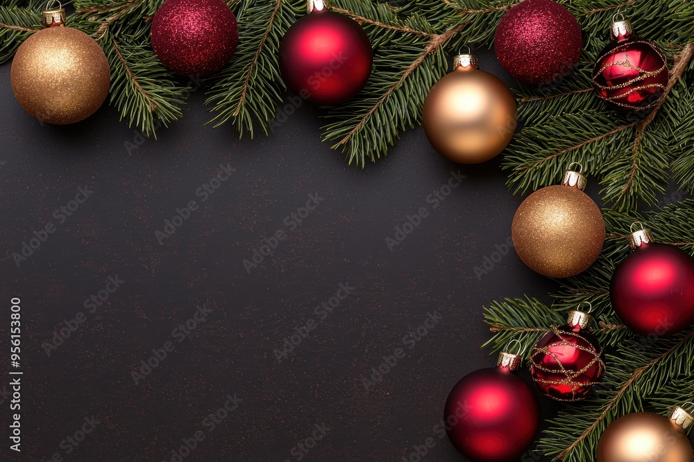 Christmas ornaments and pine branches on dark background Christmas ornaments and pine branches on dark background
