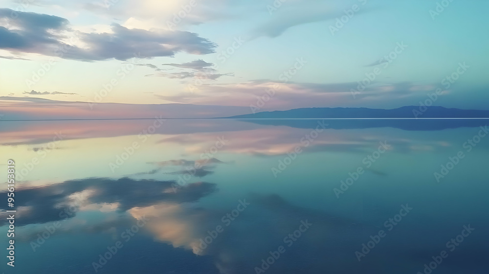 Fototapeta premium The drone captures a vast salt flat, where the ground is covered in a thin layer of water that perfectly reflects the sky above.