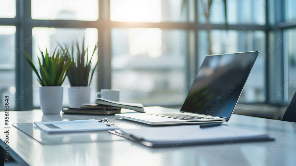 a clean and modern office interior with large windows, soft lighting a clean and modern office interior with large windows, soft lighting