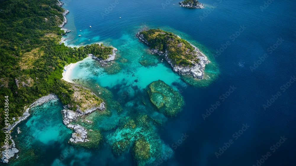 The drone flies over a remote archipelago of small islands, each with its own pristine beach The drone flies over a remote archipelago of small islands, each with its own pristine beach