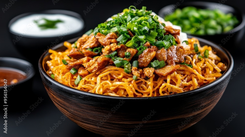 A delicious bowl of stir-fried noodles topped with sliced meat and fresh herbs, perfect for Asian cuisine lovers. A delicious bowl of stir-fried noodles topped with sliced meat and fresh herbs, perfect for Asian cuisine lovers.